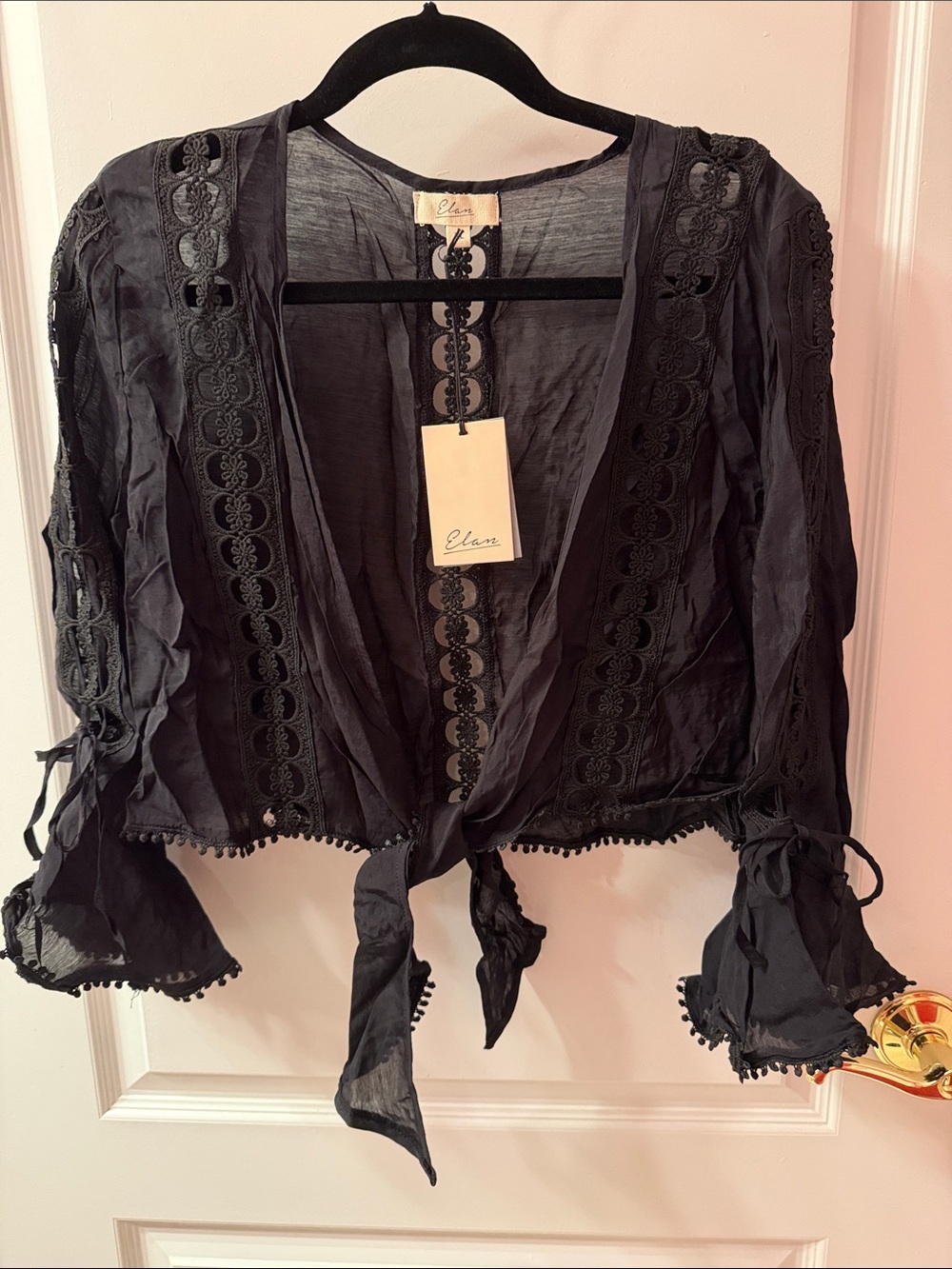 Elan Black Cropped Tie-Front Lace Blouse